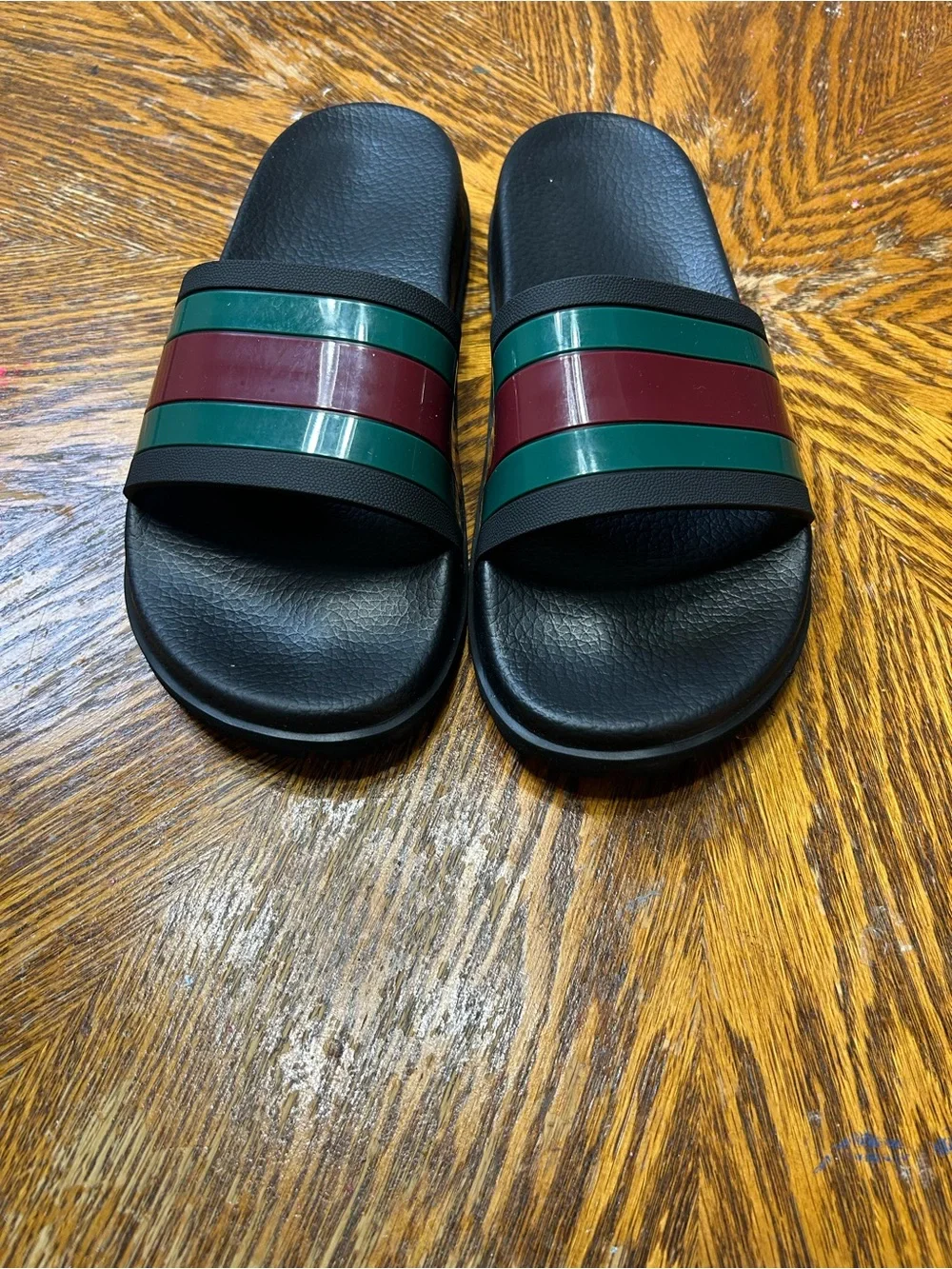 Gucci Black Slides with Green and Burgundy Stripes
